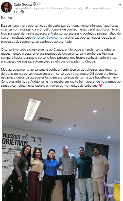 Print do post público de Caio Sousa no LinkedIn sobre o treinamento